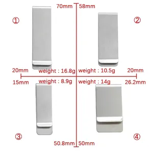 Polished stainless steel money clips and tie bars shown in four different sizes and dimensions
