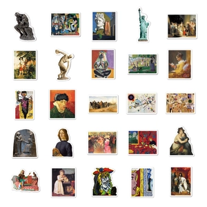 Detailed flat lay of 25 artistic oil painting and sculpture stickers on a white background