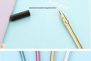 Detail of creative badminton racket pens showing metallic finishes and fine needle points