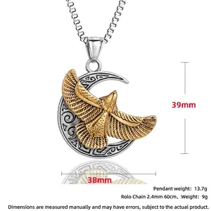 Retro stainless steel eagle moon pendant with box chain, antique gold and silver finish