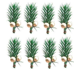Set of 8 artificial Christmas pine needles with matte gold berries on white background