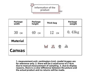 Detailed size chart for minimalist canvas backpack with dimensions and care instructions