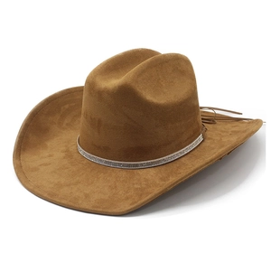 Brown faux suede western cowboy hat featuring sparkling rhinestone band and tassel detail