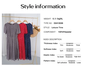 Robes maxi à pois en gris rouge et bleu marine avec spécifications techniques produit