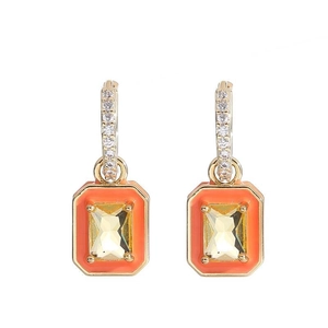 18K gold plated hoop earrings with orange enamel square charms and yellow zircon stone
