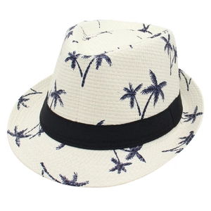 Summer Panama straw hat with navy palm tree print and classic black ribbon band
