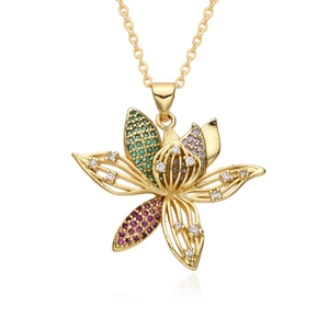 Exquisite gold-plated brass lotus pendant necklace with multi-color zircon stones on white backdrop