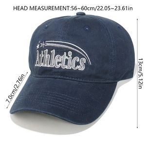Detailed size guide for navy blue baseball cap showing crown height and brim length