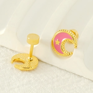 Chic 18k gold plated stainless steel star and moon stud earrings with pink enamel inlay