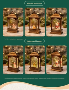 Detail view of vintage bronze Christmas lanterns with miniature Santa and snowman scenes