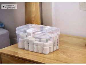 Close-up of clear plastic storage box with handle used as a home medicine organizer