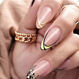 French Leopard Print Press On Nails Almond Shape Honey Yellow Striped False Nails High Gloss Manicure For Women