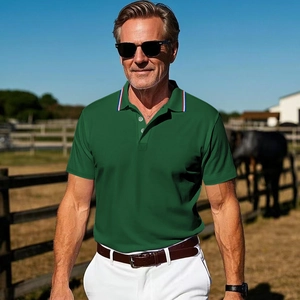 Detail of forest green polo shirt featuring a decorative tricolor ribbon on the collar