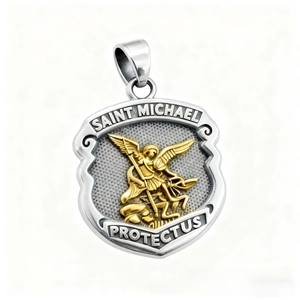 Close-up of Saint Michael shield pendant with gold relief and silver stainless steel edge