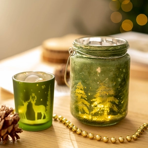 Lot de bougeoirs de Noël en verre vert forêt avec motifs de renne et de sapin