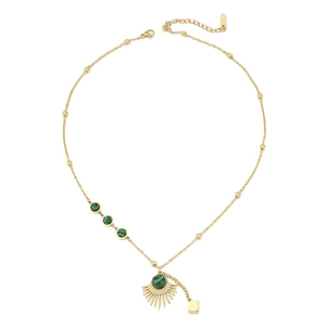 Gold malachite fan necklace with stainless steel cube pendant for women