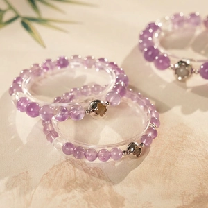 New Chinese Retro Amethyst Clear Quartz Beaded Bracelet With Silver Metal Clover Hollow Charm For Women Elegant Jewelry