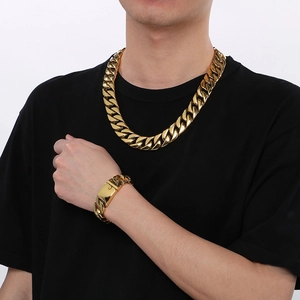 Men's 20mm gold-plated stainless steel chunky Cuban link chain necklace and bracelet set