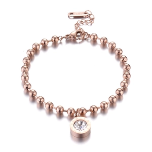 Rose gold stainless steel bead bracelet with Roman numeral pendant and cubic zirconia