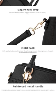 Close-up of black leather handbag featuring golden hardware and fine stitching detail