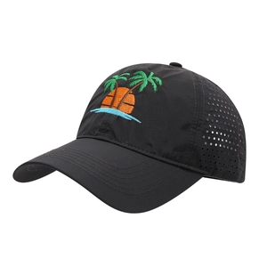Black quick-dry baseball cap with tropical coconut tree embroidery and laser-cut side vents