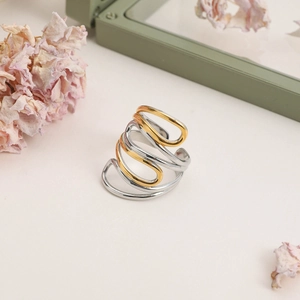 Minimalist multi-layer intertwined stainless steel ring in two-tone gold and silver finish