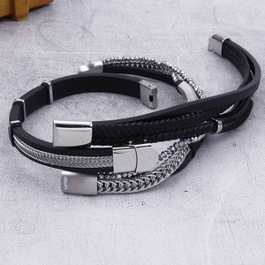 Men's fashion braided leather and stainless steel bracelet set with geometric metal charms