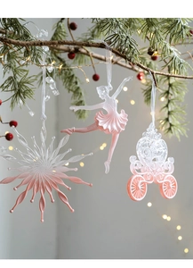 Pink fairy-tale Christmas tree ornaments with ballet dancer and carriage detail