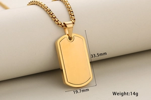 Detailed size and weight specs of gold rectangular military dog tag with box chain
