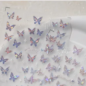 Macro detail of laser iridescent butterfly nail stickers with metallic blue-purple shimmer