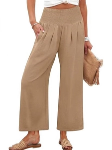 Pantalon kaki femme taille haute smockée à jambes larges avec poches latérales