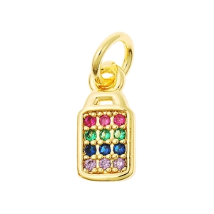 Golden rectangular pendant with colorful gemstones and top ring on white background
