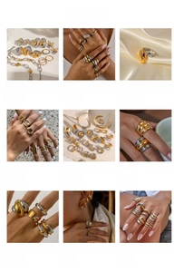 Detailed grid view of multi-layered mixed metal rings and jewelry in gold and silver