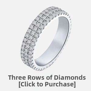 Macro side view of elegant 925 silver ring featuring three rows of brilliant cubic zirconia