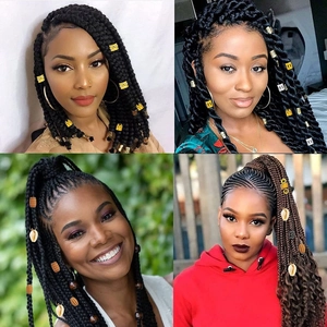 Diverse hair jewelry set showing shells and wooden beads on various braided hairstyles