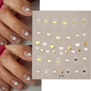 Golden and white heart pattern nail art stickers with 3D embossed metallic finish