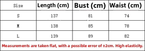 Detailed size chart for sexy satin slip dress showing length, bust, and waist measurements