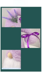 Detail mit Lavendelstrauß, lila Satinschleife und Plüschstoff des Gnom-Ornaments