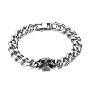 Stainless Steel Skull Cuban Link Bracelet For Men Hip Hop Punk Rock Style Curb Chain Jewelry