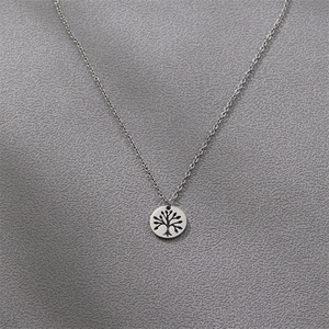 Polished stainless steel necklace featuring a round tree of life pendant on a silver chain