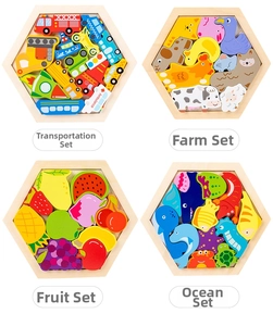 Detail view of four themed wooden hexagonal puzzles featuring animals and vehicles