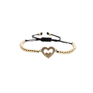 Bracelet ajustable en perles dorées avec cœur en zircone et cordon tressé noir élégant