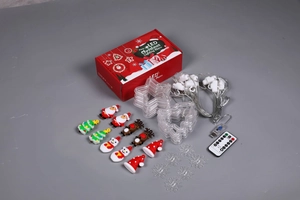 Detailed set of Christmas LED string lights with USB plug, remote, and festive pendants