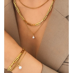 Stainless Steel Multi Layer Necklace And Bracelet With Imitation Artificial Pearl Paperclip Chain Jewelry For Women