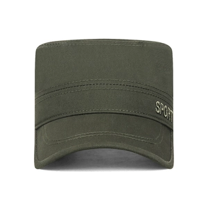 Classic olive green cotton military flat top hat with sport embroidery for outdoor sun protection