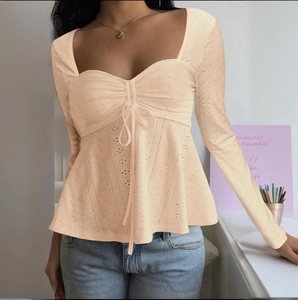 Slim fit beige eyelet lace long sleeve top with square neck and drawstring detail