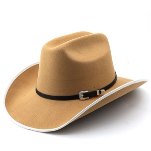 Chapeau de cowboy western classique en laine camel avec bande en cuir noir et bord blanc