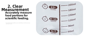 Detailed scale of 200ml glass baby food container with monthly feeding guide