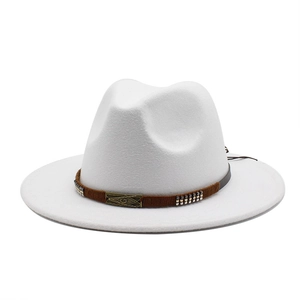 Classic white wool wide brim fedora hat with brown band and retro metal emblem