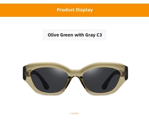 Front view of olive green acetate sunglasses with polarized dark grey TAC lenses